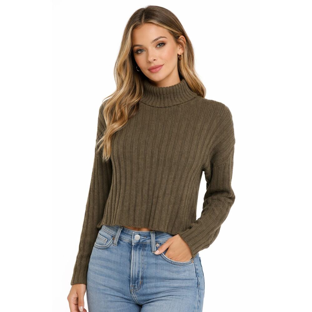 American Eagle Sweater Woman's Medium Chunky Knit Crop Olive Green Crewneck‎